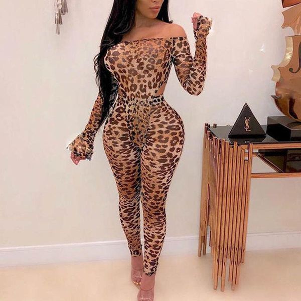 

women's jumpsuits & rompers leopard print long sleeve off shoulder jumpsuit sheer mesh women one piece outfits, Black;white