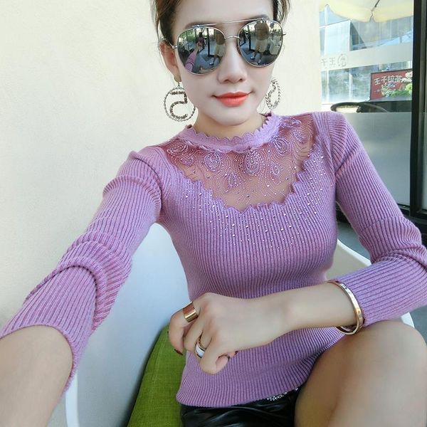 

women's sweaters fashion rhinestone lace bottoming shirt autumn and winter clothing slim-fit long sleeve hollow-out pullover sweater, White;black