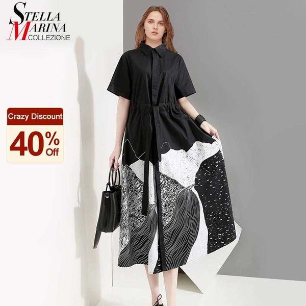 

korean style woman summer black printed long shirt dress sash plus size ladies casual vintage dress robe femme 5128 210721, Black;gray