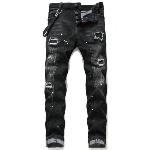 

mens jeans jean hip hop street trend zipper chain decoration ripped stretch black fashion slim fit washed motocycle denim panelled trousers, Blue