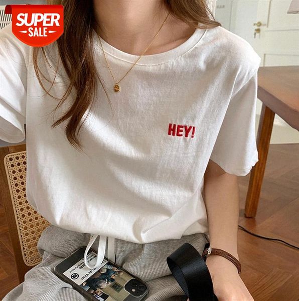 

[huang zheng] basic simple letter embroidery short sleeve t-shirt women korean casual t81873 #ib3p, Black;gray