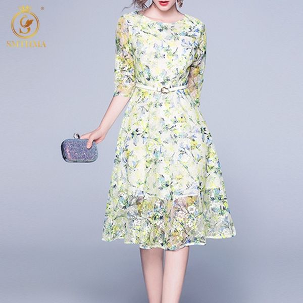 

fashion elegant lace hollow-out summer dress women's print big swing dresses vestidos with belt 210520, Black;gray