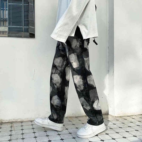 

men's jeans korean wide-leg fashion printing casual retro men streetwear loose hip-hop straight denim trousers mens s-3xl c5u7, Blue