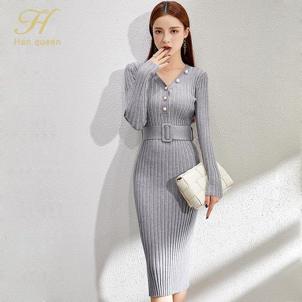 

casual dresses h han queen autumn winter knitted sheath women dress elegant simple bottoming pencil korean work slim bodycon vestidos, Black;gray