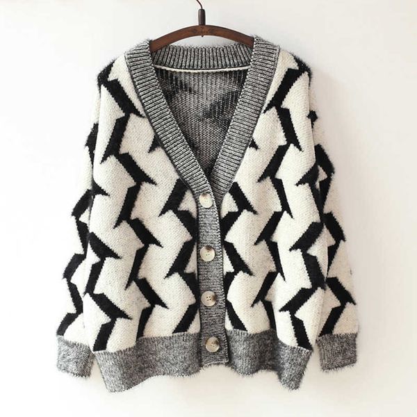 

perhaps u women khaki pink blue black sweater knitted geometric long sleeve single-breasted v-neck cardigans autumn m0118 210529, White