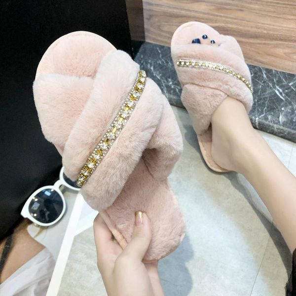 

[gogd]women slippers bling furry fluffy flat shoes household women colourful, Black