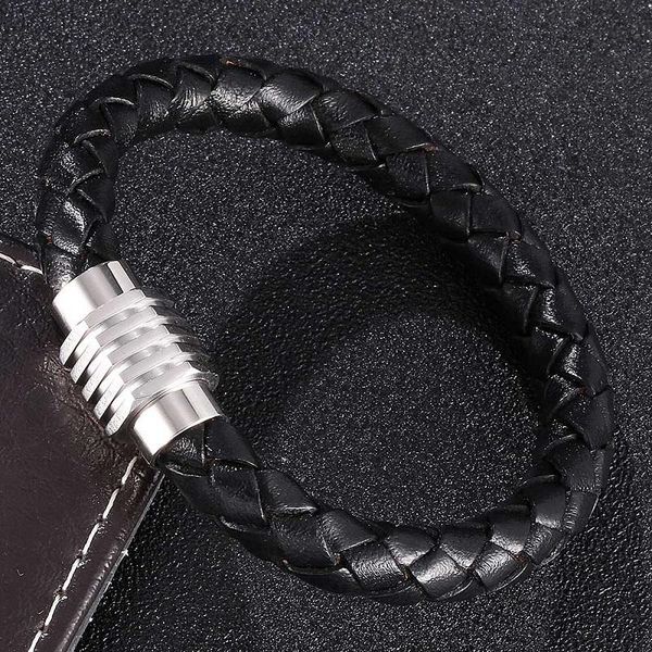

charm bracelets fashion 8mm black leather braided bangles men jewelry silvery magnetic buckle 2021 trend wrist band gift st734, Golden;silver
