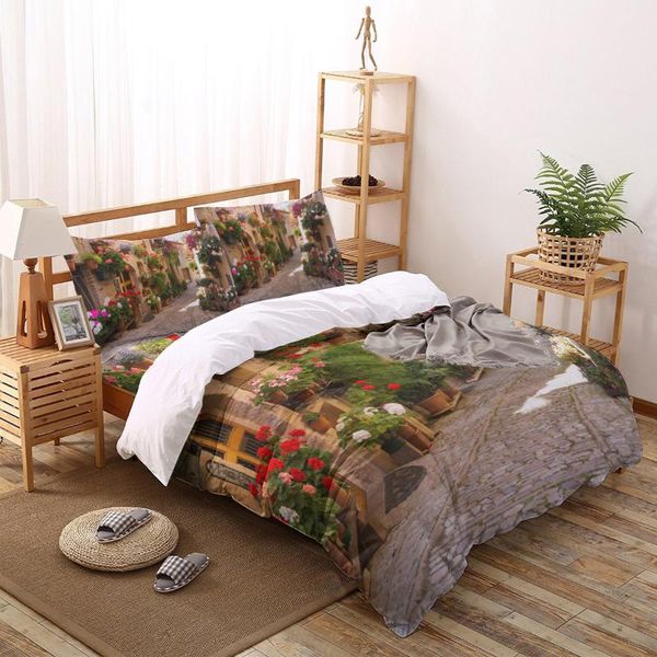 

town street flowers pattern bedding set sheet linens twin size duvet cover for bed pillowcase home sets