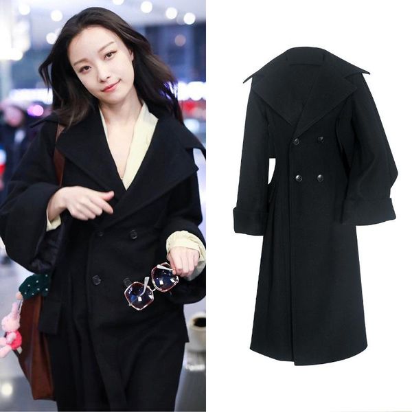 

women's wool & blends [in stock] ni ni's same black lapel woolen coat for winter