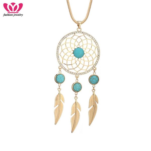 

pendant necklaces bohemia clear crystal dream cather geometric necklace long feather tassel statement jewelry women gifts bijoux collier, Silver