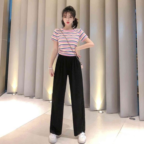 

women trouser set two piece elegant office lady outfit stripe lacing up pullover t shirt+ wide-leg pants casual suit 210514, White