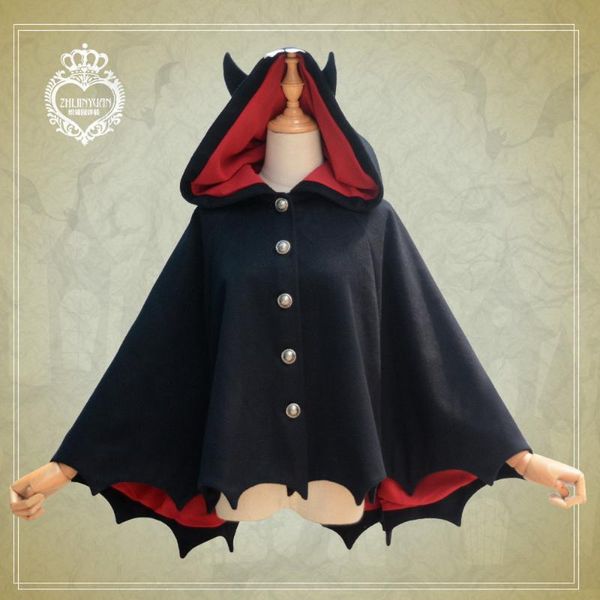 

women's wool & blends womens girls lolita woolen cashmere bat hooded cape riffle bow cosplay coat cute dark cloak outwear ponchos batwi, Black