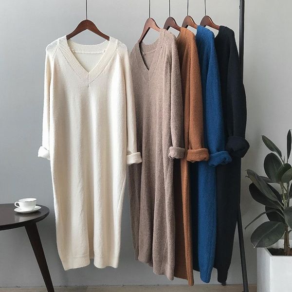 

women's casual solid color base fashion dresses female v-neck pullover lazy wind sweater 2021 medium long knitted dress, Black;gray