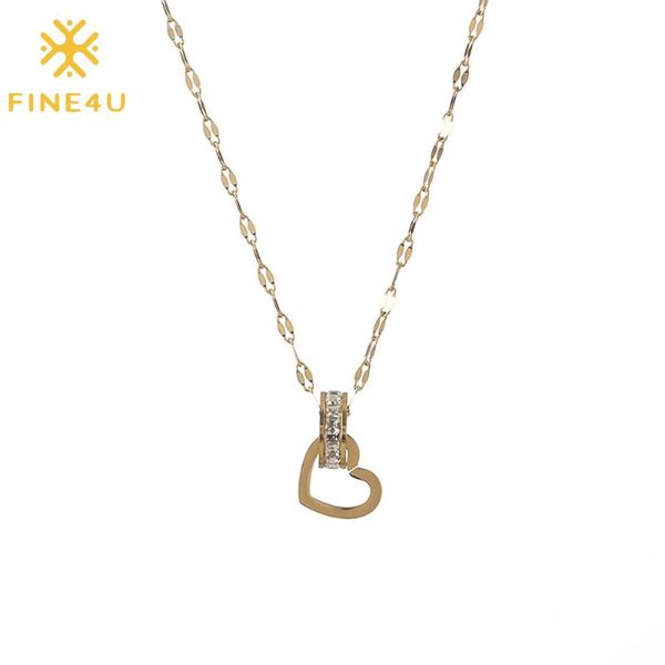 

pendant necklaces fine4u n867 love two interlocking heart and ring necklace stainless steel blade chain for women girls, Silver