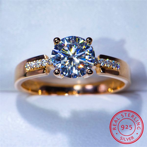 

luxury female solitaire round zircon 925 sterling silver rose gold wedding ring promise love engagement rings for women, Golden;silver