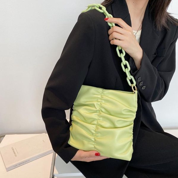 

evening bags female shoulder bag green pu leather handbag women summer trending designer folds personality with chain