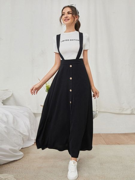 

single breasted criss cross back pinafore skirt l2bp#, Black