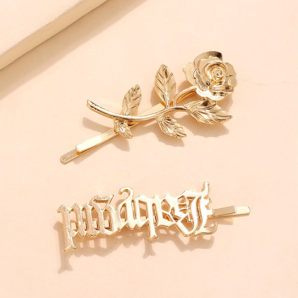

letter hairpin girl rose flower hairpin metal banger hairpin, Golden;silver