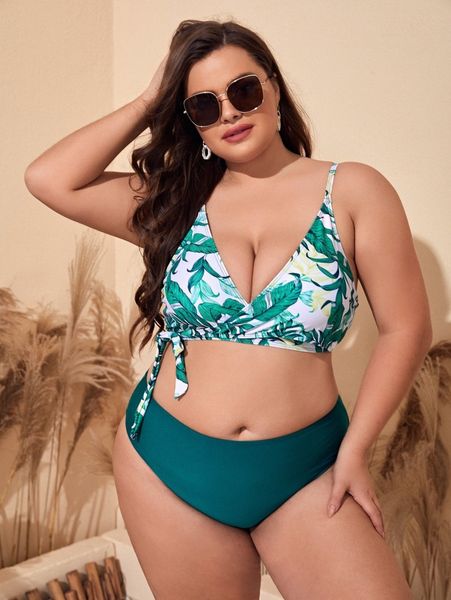 

plus tropical print tie side high waisted bikini swimsuit t5f8#, Black