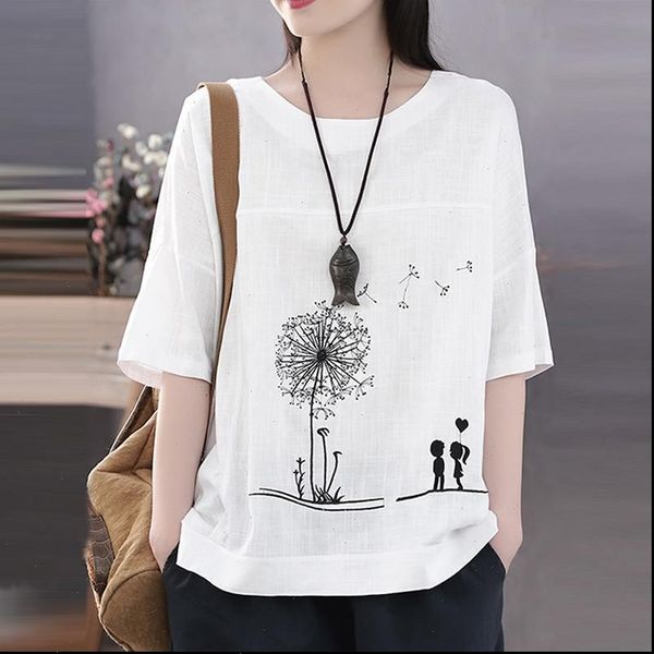 

vintage autumn women shirts o neck 3 4 sleeve blouse cotton linen shirt female casual cartoon printed tunic chemise, White