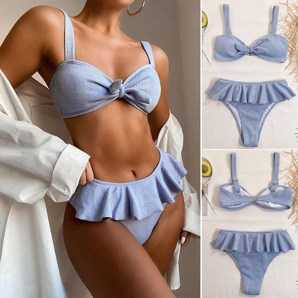

women's swimwear ruffle knitted swimsuit bikini blue, White;black