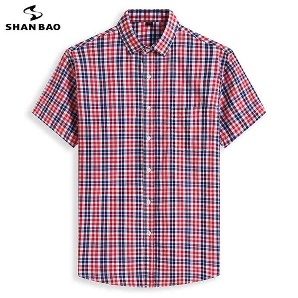 SHAN BAO Große Größe Lose Baumwolle Kurzarm Hemd Sommer Klassische Marke männer Plaid Rot Blau 5XL 6XL 7XL 8XL 10XL 210721