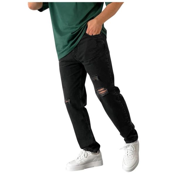 

men's pants trousers pocket jeans pencil zipper casual hole solid, Black