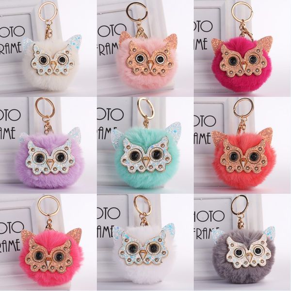 

kimter cute pompom key rings jewelry trendy animal owl keyring lovely faux rabbit fur ball keychain women keyfob holder p44fa, Slivery;golden