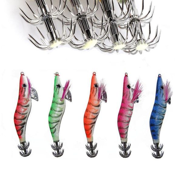 

5pcs hard plastic ocs squid jigs lures mixed color cuttlefish artificial bait wood shrimp with squid hooks size 2.5# 10cm