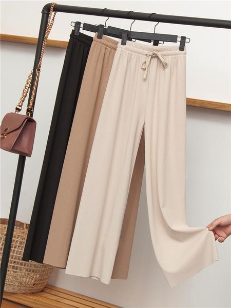 

summer soft silk knit womens capri wide leg khaki ankle length casual elastic waist high straight trousers, Black;white
