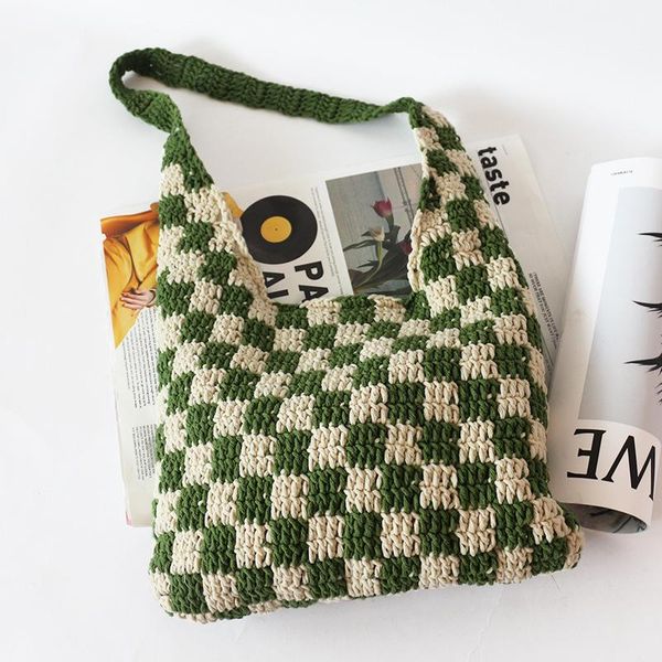 

evening bags women handmade crochet knitting plaid hobo shoulder bag female fashion vintage retro big capacity size roomy everyday handbag