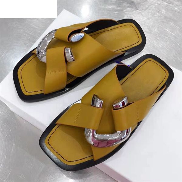 

sandals metal buckle women slippers square toe flat mules summer fashion beach shoes ladies genuine leather runway female jgfm, Black