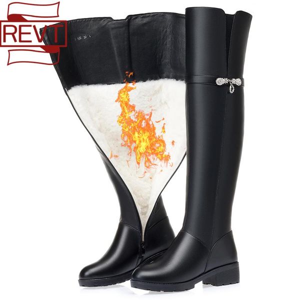 

boots revt fashion classic genuine leather women winter snow zip back over the knee high female warm wool flat botas, Black
