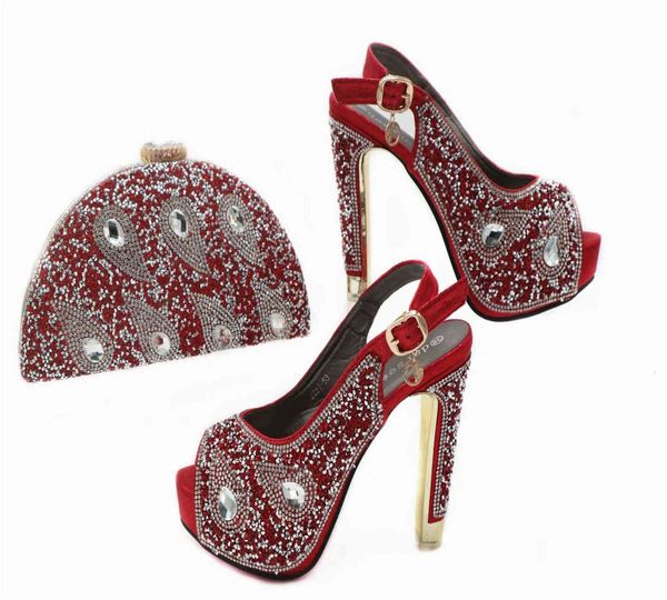 

wine red stiletto high heels fish mouth shoes with rhinestone bag wedding dinner fashionable women's sandals bag, Black