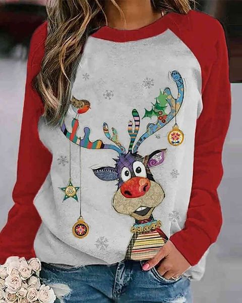 Weihnachten Nettes Tier Gedruckt Frauen Langarm T-shirt Oansatz Plus Größe Lustige Lose Beiläufige Femme Übergroßen Tops 210415