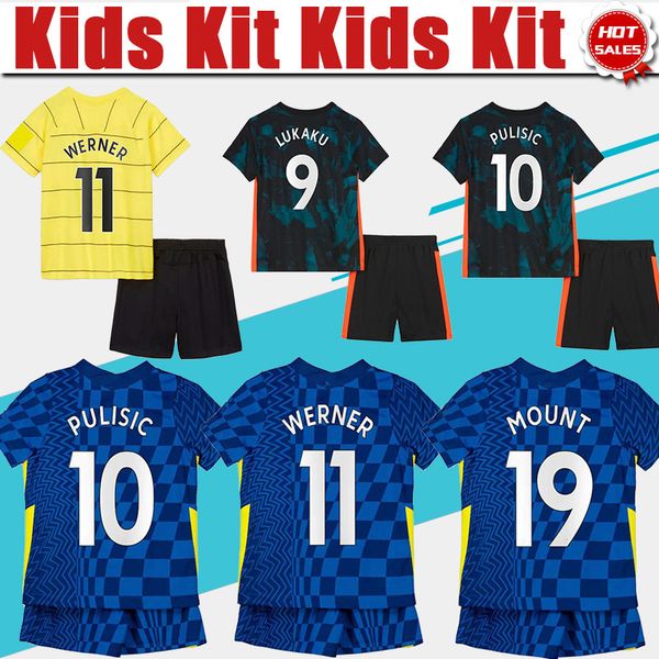 

#9 lukaku home blue kids kit football jerseys #29 havertz #10 pulisic away yellow soccer jersey 21/22 child soccer shirt #7 kante #11werner, Black
