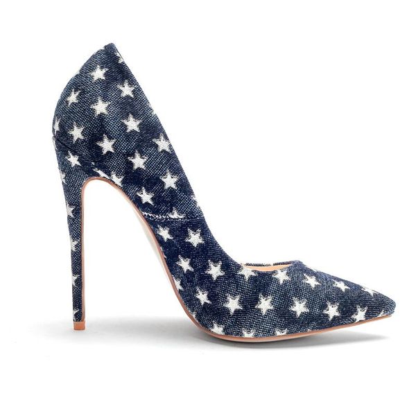 

est pointed side hollow high heel women's denim shoes fashion female pumps ladies big size 33-45 sandals, Black