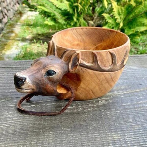 

mugs wood mug cartoon animal wild boar cow wooden cup hand carved milk coffee tea beer cups christmas