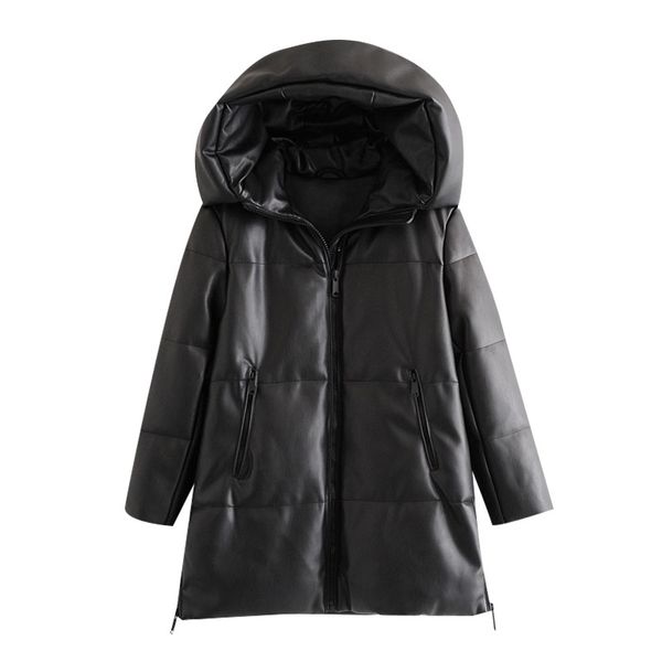 

women 2022 winter fashion thick warm faux leather parkas vintage hooded long sleeve padded jacket female chic overcoat, Black