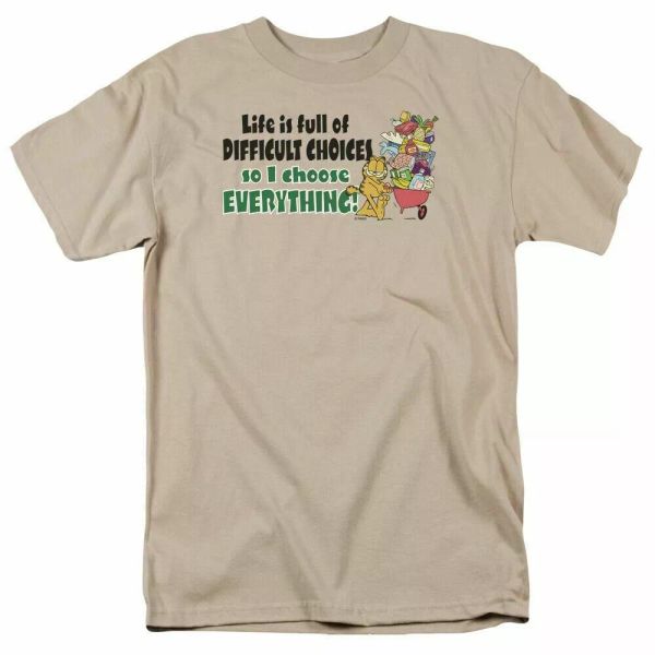 

garfield difficult choices t shirt mens licensed cat jim davis comic tee sand, White;black