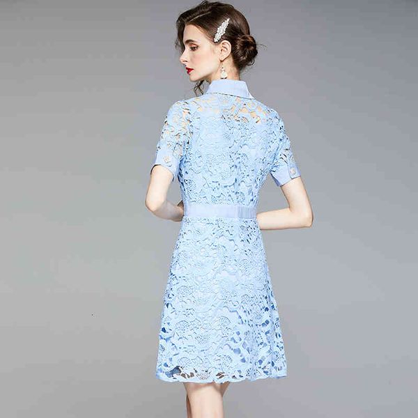 

casual dresses new 2021 summer french vintage short sleeve patchwork blue lace hook flowers dress women turn-down collar party skk, Black;gray