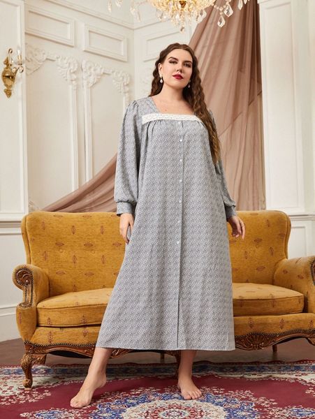 

plus allover print guipure lace insert bishop sleeve night dress s844#, Black;white