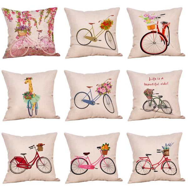 

pillowcases cartoon bicycle cushion cover cotton linen life is a beautiful ride home deocrative pillows for sofa cojines cushion/decorative