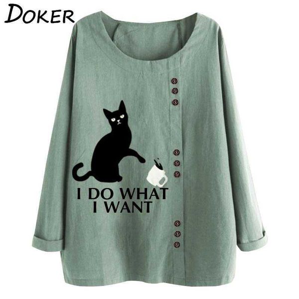 

womens and blouses winter fashion cat prined o neck long sleeve plus size casual shirts cotton linen loose blouse femme 210603, White