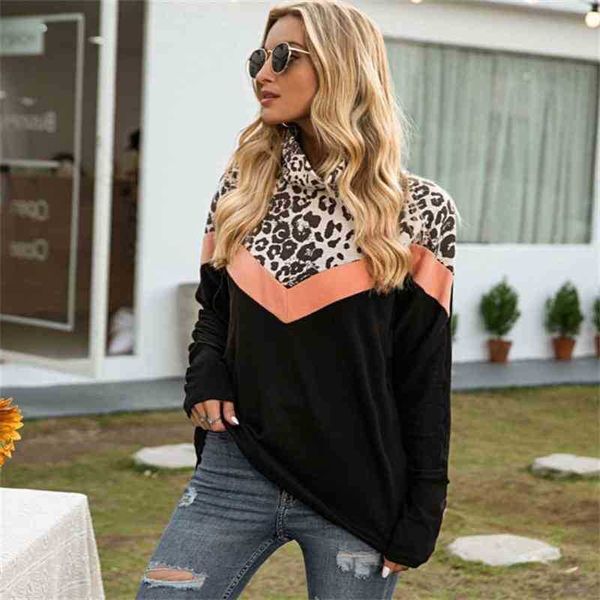 

2021 autumn trend leopard print color blocking splicing pile neck pullover long sleeve sweater women's top, Black