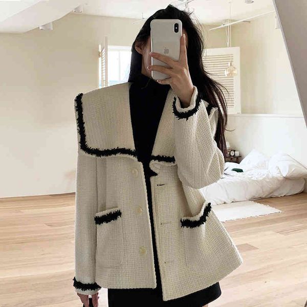 

women's jackets [ewq] korean chic sailor collar contrast tassel trim design loose clip cotton thickened tweed short coat women 16e4042, Black;brown
