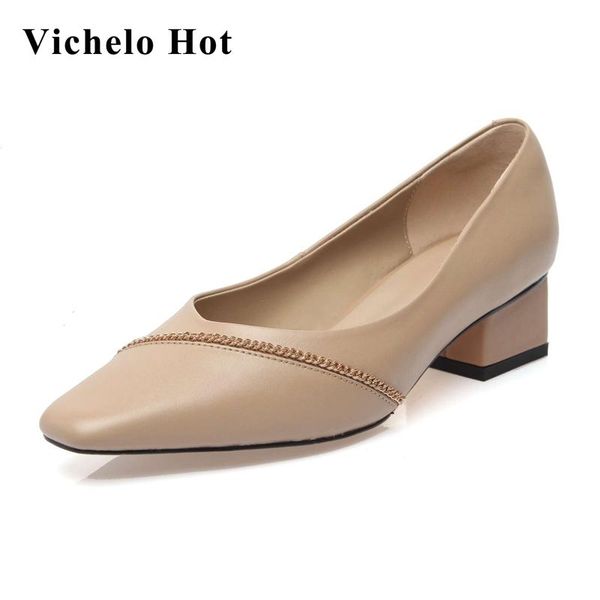 

dress shoes vichelo original design spring brand genuine leather small square toe med heel european style cozy women pumps l53, Black