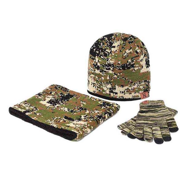 

winter 3pcs camouflage knit warm beanie hat scarf touch screen gloves set xx9d, Blue;gray