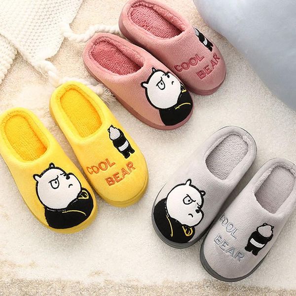 

slippers women fur winter warm shoes cartoon bear cute slip on men woman couples comfortable home indoor bedroom ladies, Black