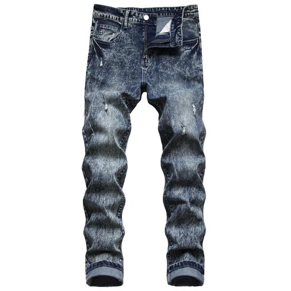 

men's jeans dark street fashion men's stretch ripped slim denim trousers, Blue